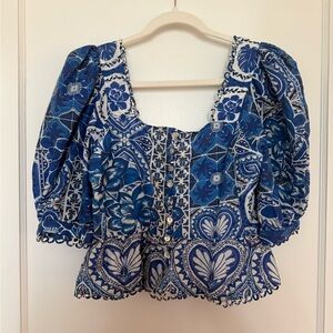 Farm Rio Blue Floral Puff-Sleeve Peplum Top